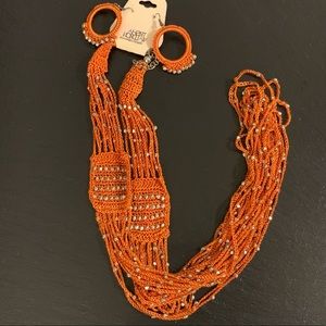 Trisha Waldron Orange Bohemian Braided Studded Necklace & Earrings Set